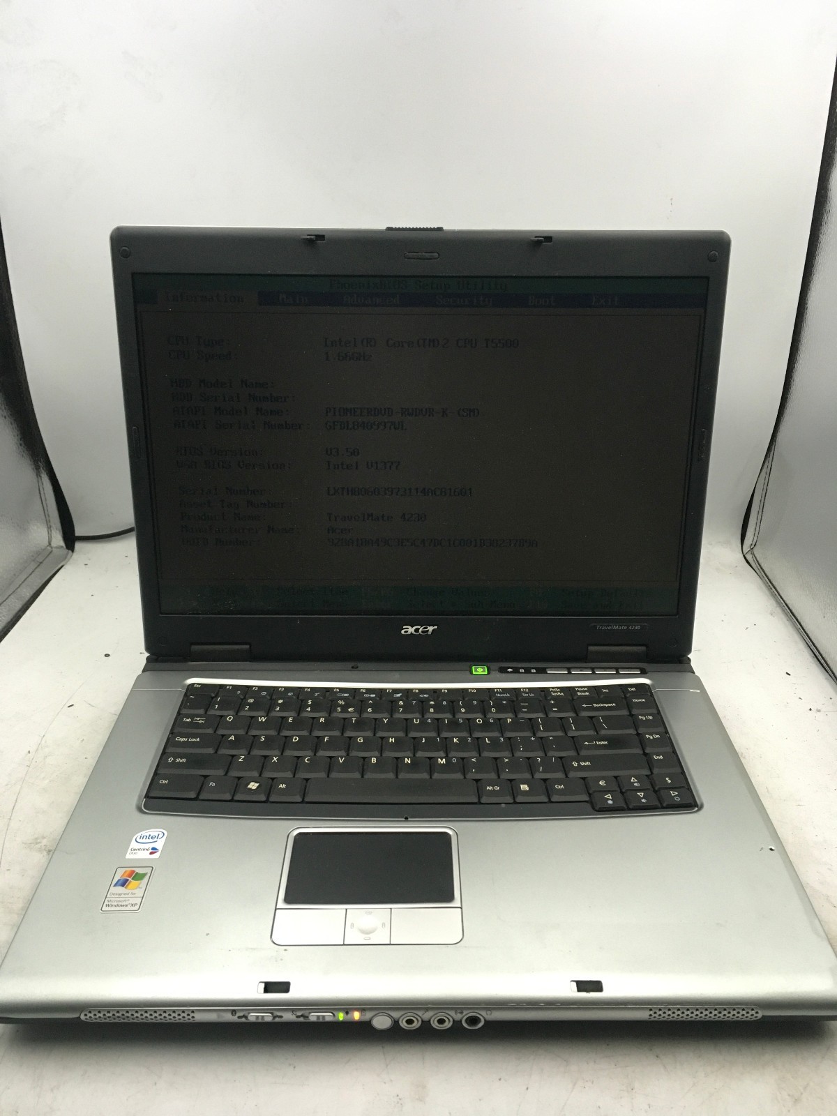 ACER TRAVELMATE 4230 - BOOTS TO BIOS - INTEL T5500 - 4GB RAM - 14" - READ - - BB