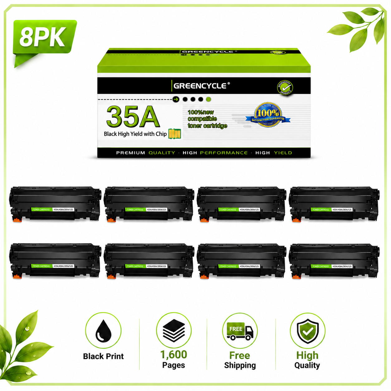 8X Black 35A CB435A Toner Cartridge Compatible For HP LaserJet P1005 P1006 P1009