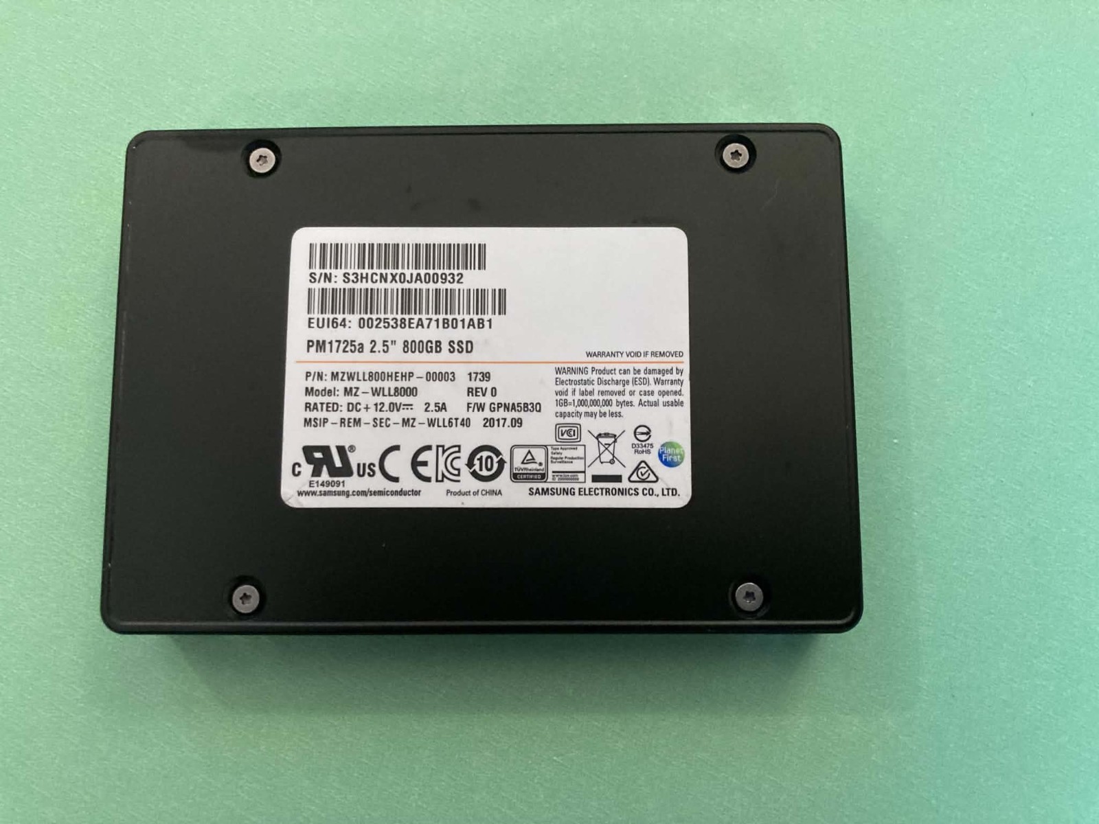 Samsung PM1725a 800GB U.2 NVMe SSD MZWLL800HEHP-00003 PCIe Gen3 Tested