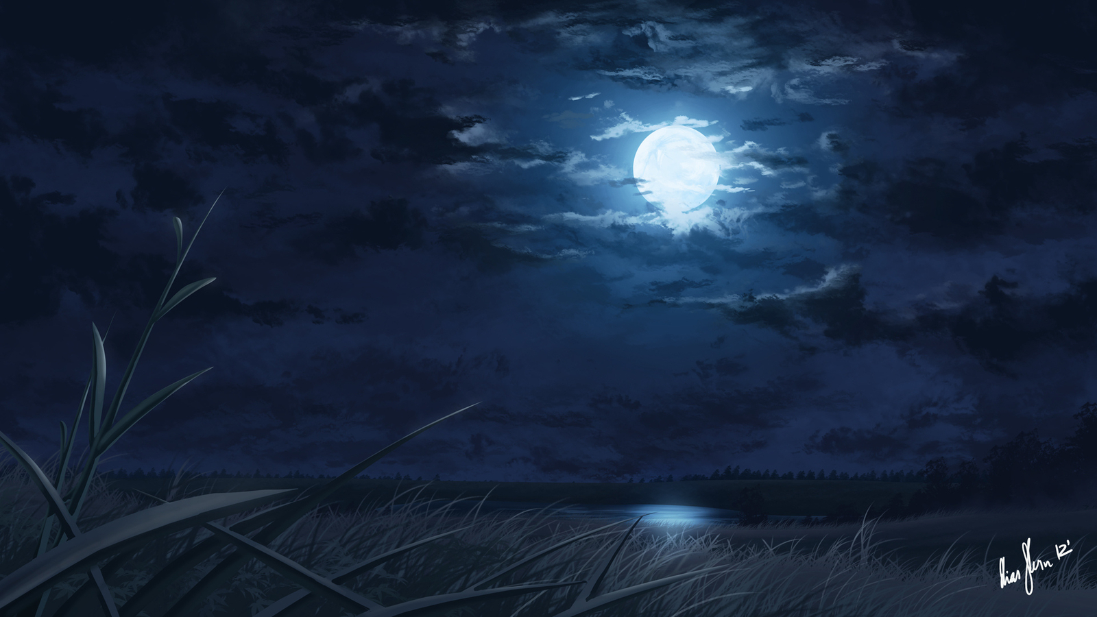 Landscape night moon moonlight lake reeds art Custom Gaming Mat Desk