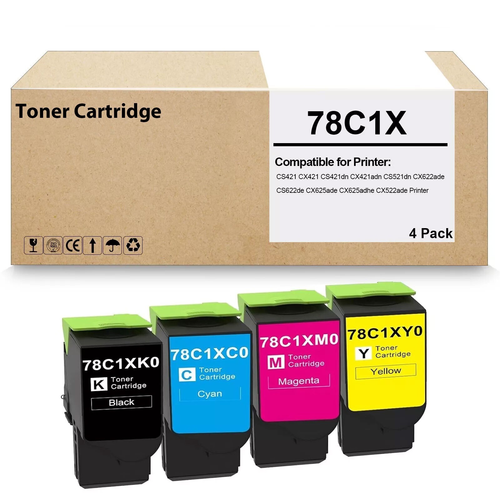 4 Pack 78C1X BCMY Toner Cartridge Compatible for CS421 CX421 CS421dn CX421adn