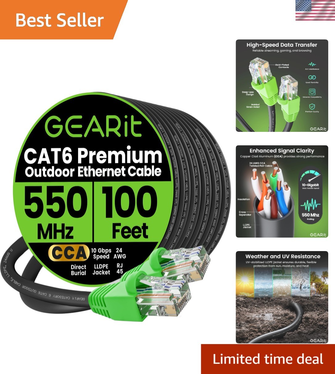 100 Ft Cat 6 Ethernet Cable - Weatherproof, 10 Gbps Performance, for Outdoor Use