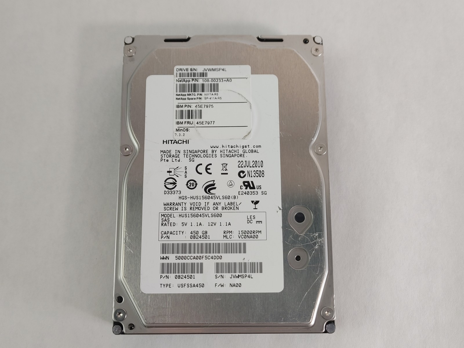 Lot of 5 Hitachi NetApp HUS156045VLS600 450 GB SAS 2 3.5 in Enterprise Drive