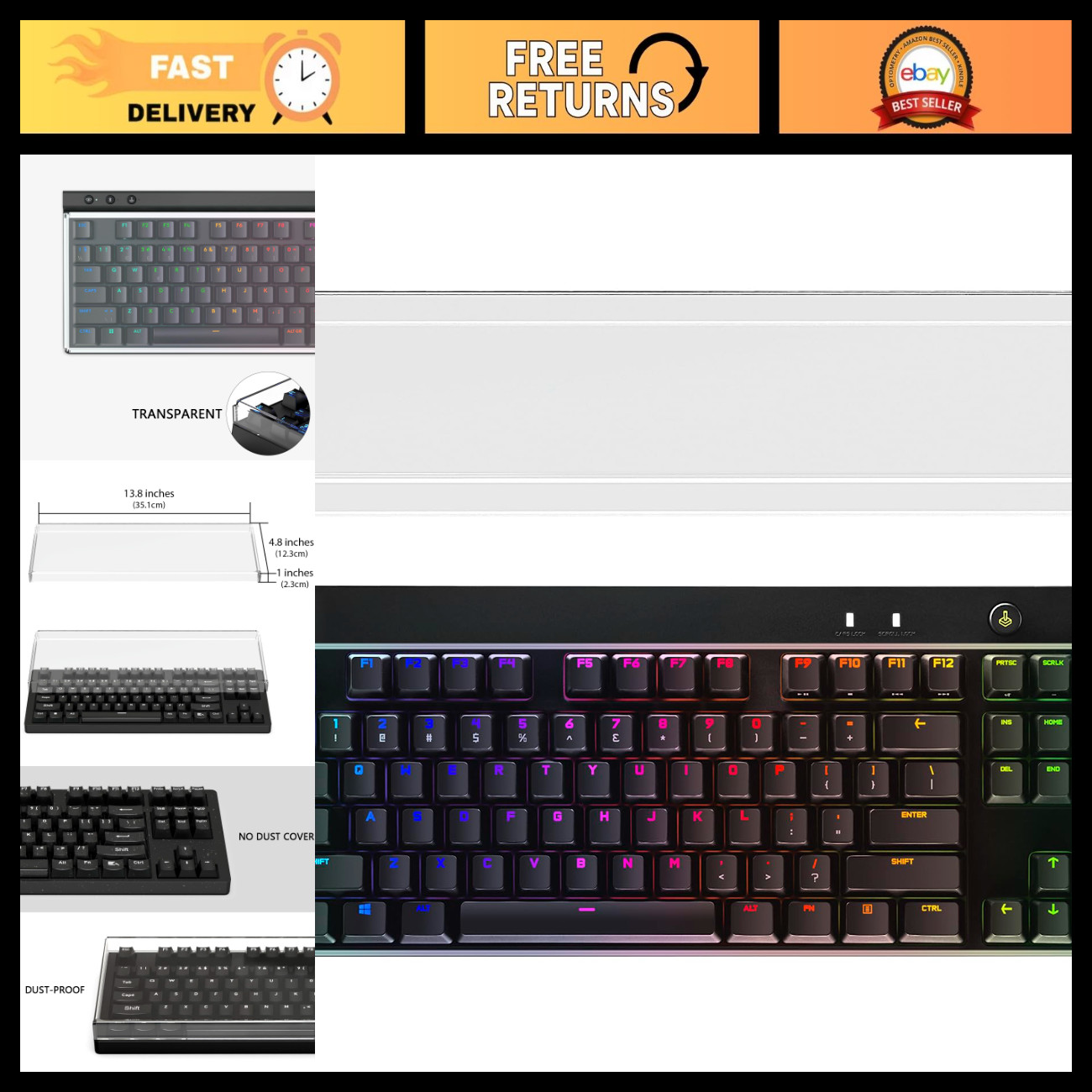 Clear Acrylic Dust Cover for Tenkeyless TKL Mechanical Gaming Keyboard - Fits 87