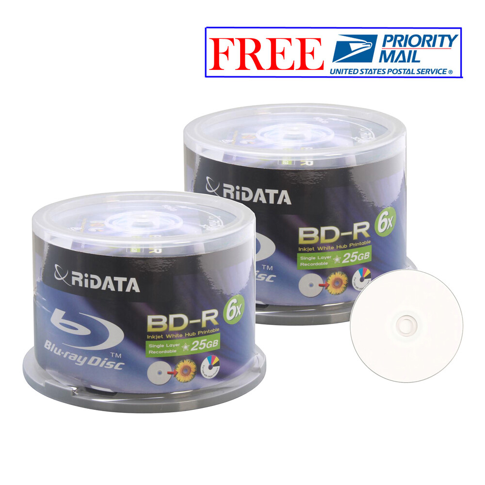 100 Ridata 6X BD-R 25GB Blu-ray White Inkjet Hub Printable Recordable Blank Disc
