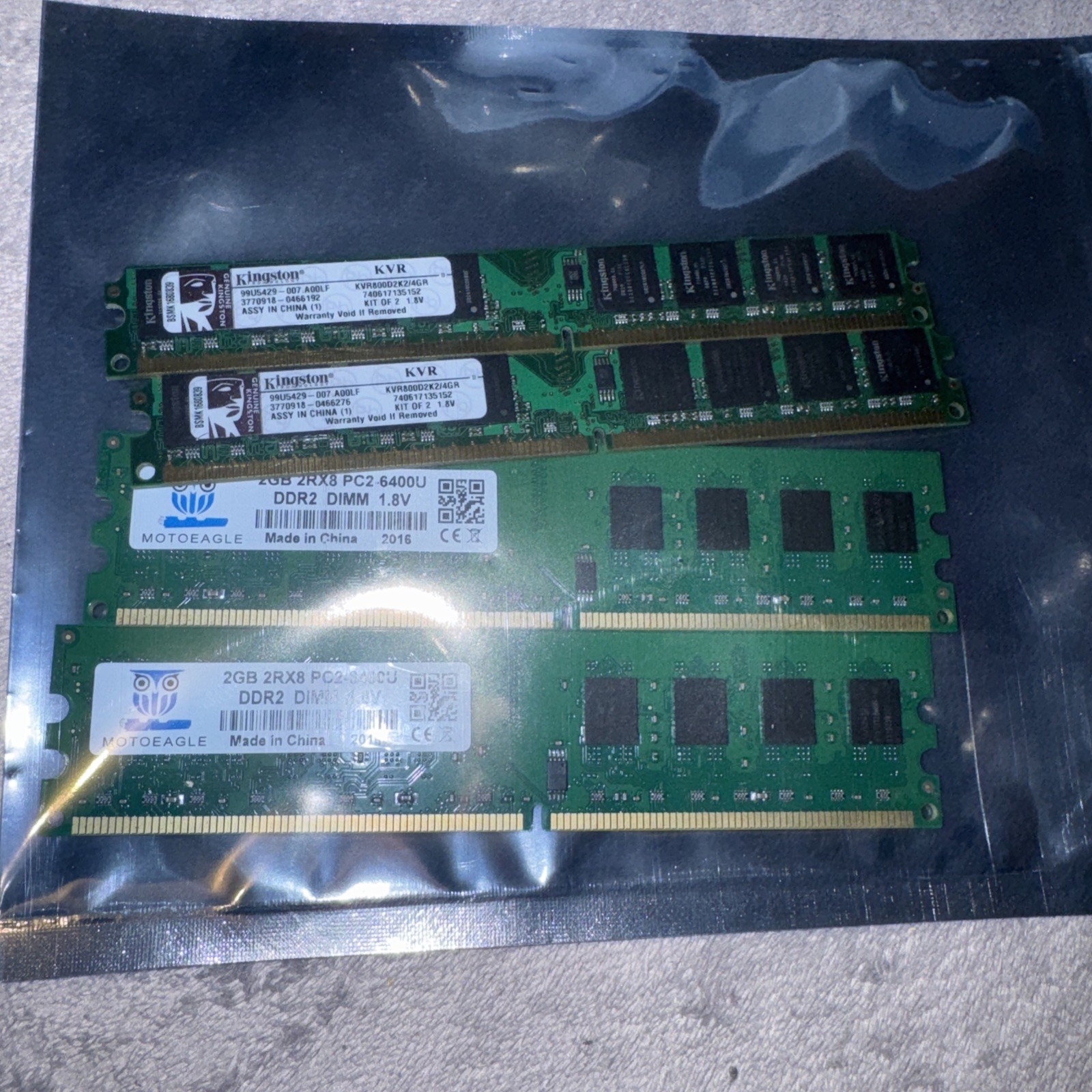 Genuine Kingston and MOTOEAGLE 2GB X 2 800Mhz PC2-6400 Desktop Memory Works