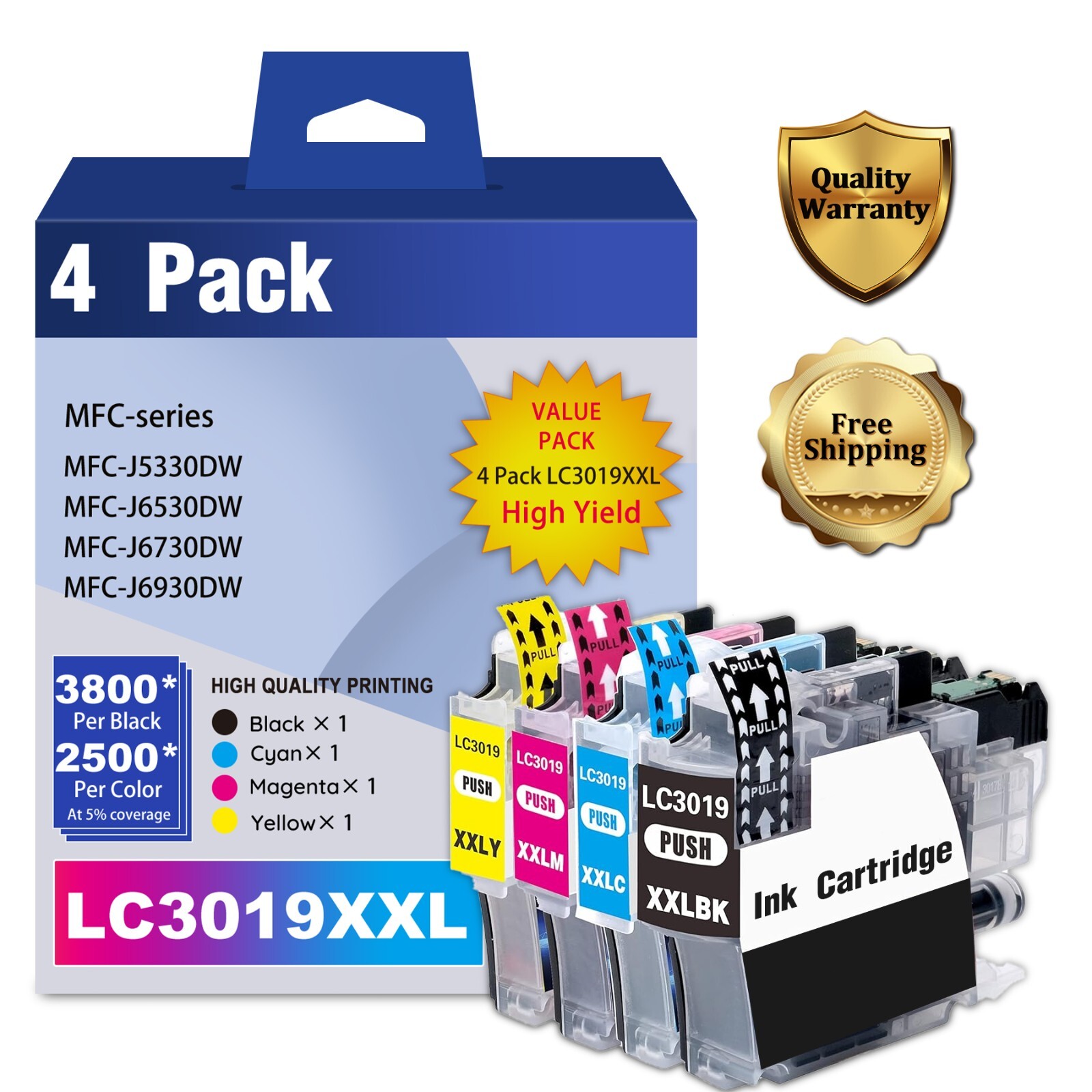 4-Pack LC3019 XXL Ink Cartridges (BK/C/M/Y) for Brother MFC-J5330DW J6930DW
