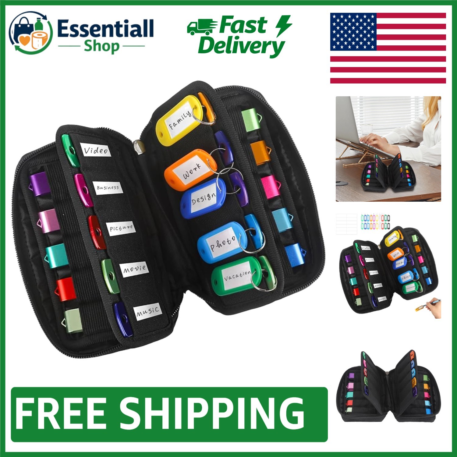 Elegant Neoprene USB Flash Drive Case Organizer - 20 Slots & Label Tags Included
