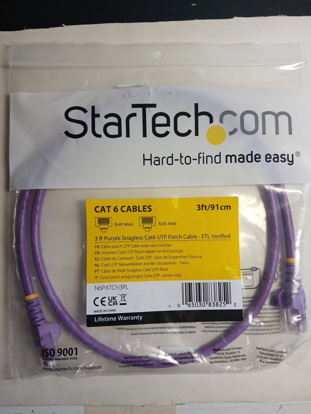 Brand New StarTech 3ft. / 91cm Purple Snagless Cat6 UTP Patch Cable ETL Verified