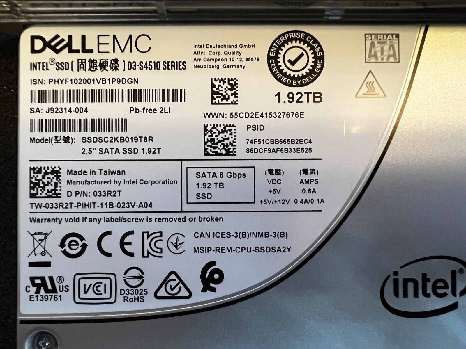 DELL 1.92TB SSD SATA III 6Gbps 2.5" SSDSC2KB019T8R Intel S4510 SERIES DP/N 33R2T