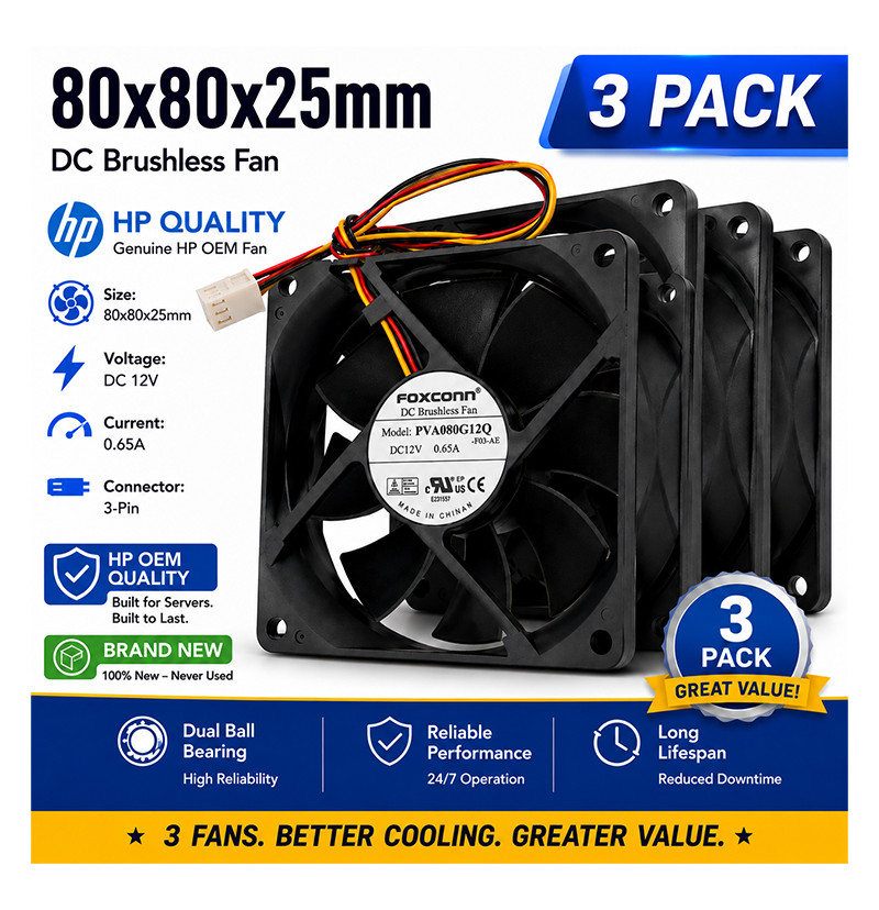 HP OEM Foxconn 80x25mm 12V 0.65A 3-Pin High Speed Server Cooling Fan (3-Pack)