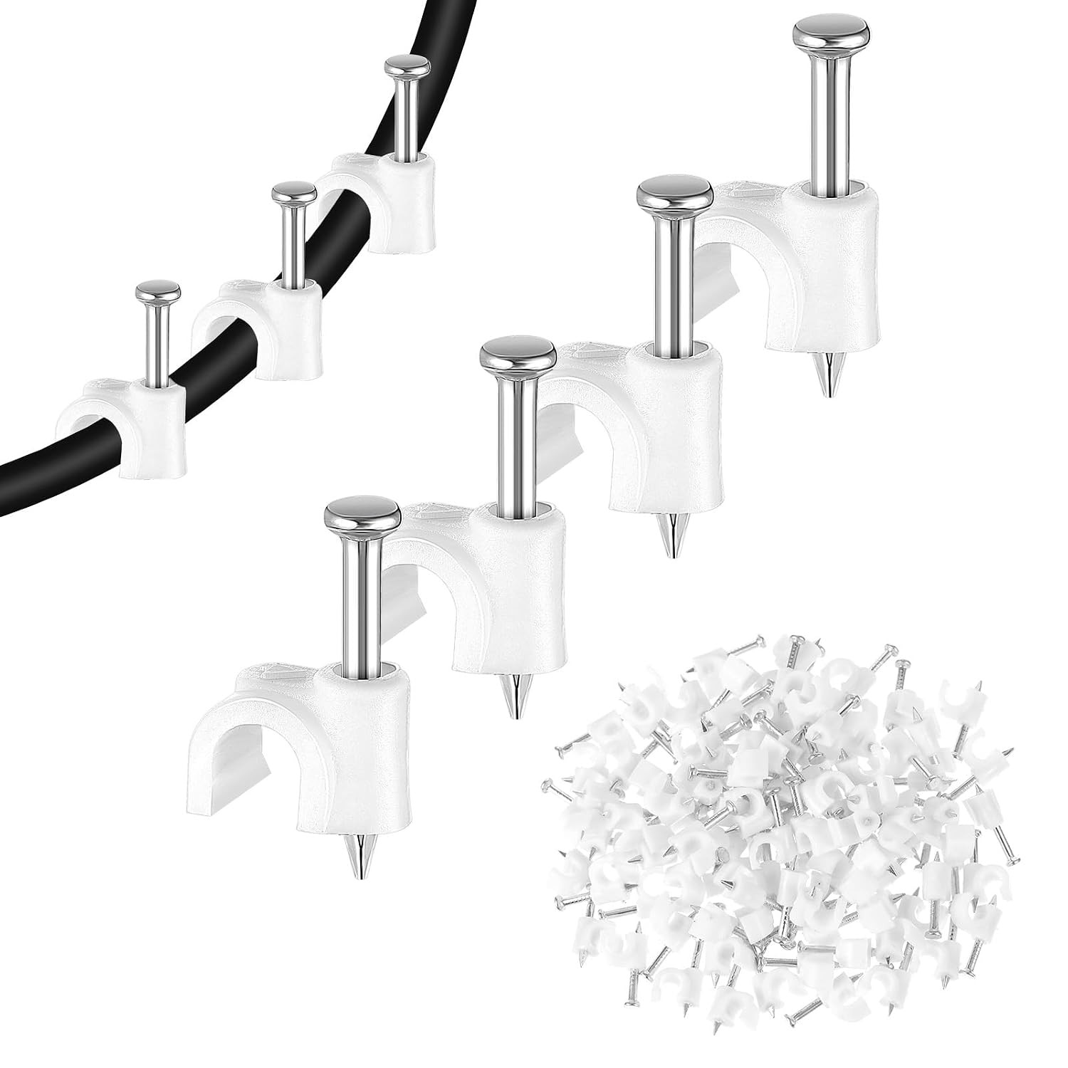 100 Pack Cable Clips with Steel Nails, 4Mm White round Wire Clips, Ethernet