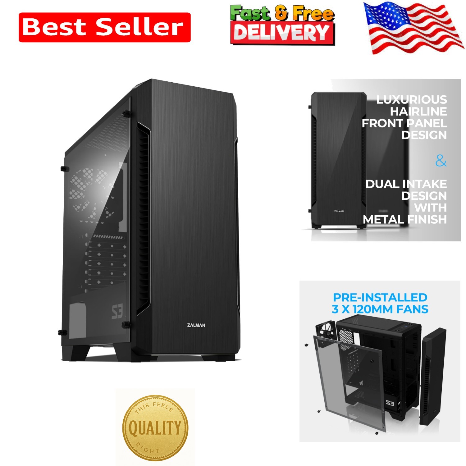 Modern S3 Mid-Tower PC Case - Complete Cooling with 3x 120mm Fans Included