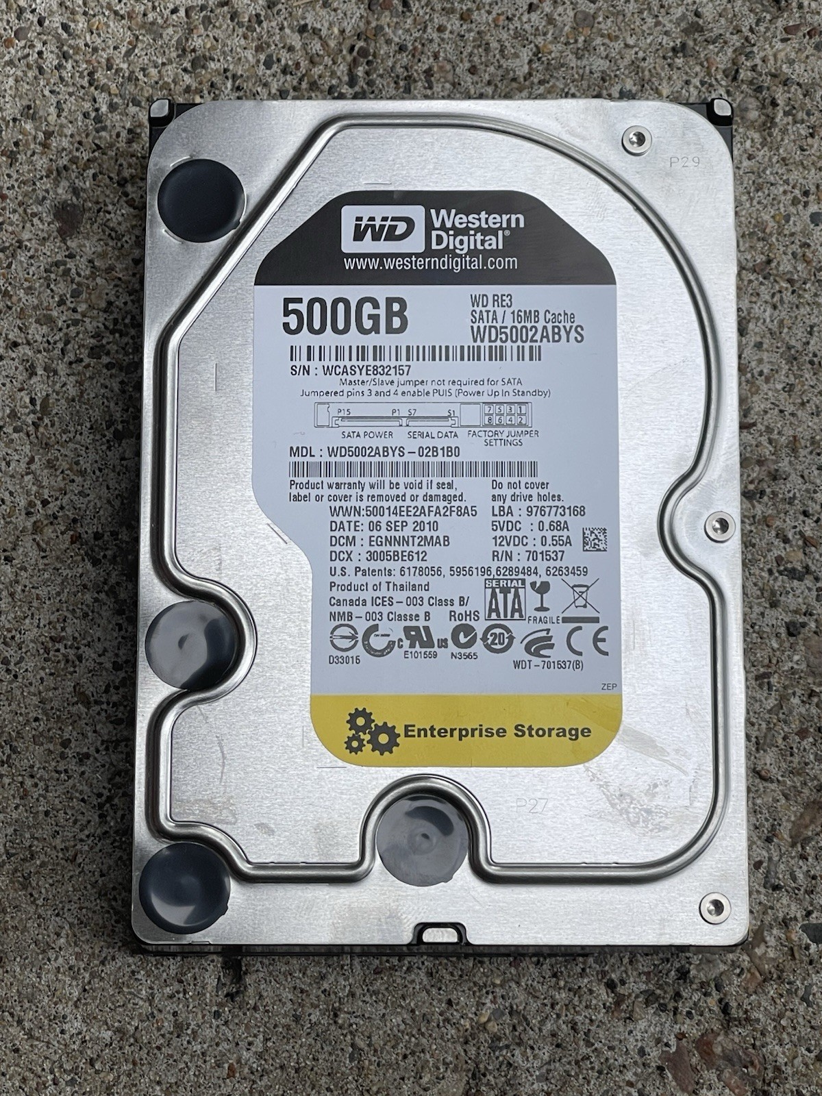 WD RE3 500GB Enterprise 3.5” SATA Hard Drive WD5002ABYS-02B1B0 HDD