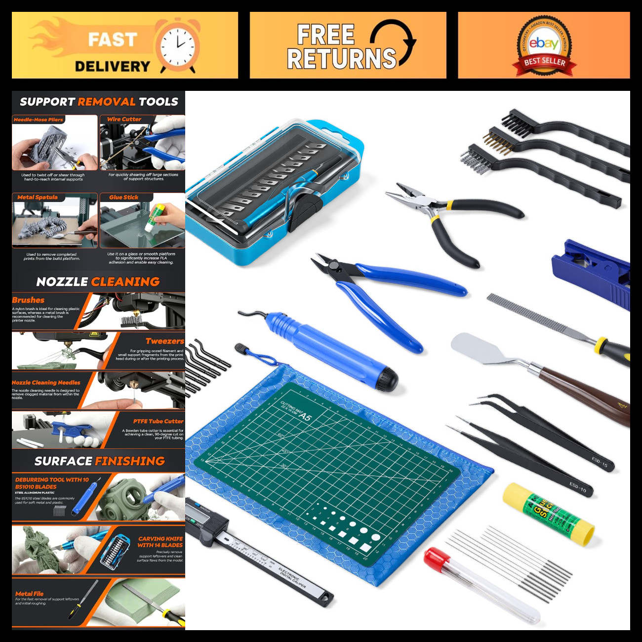 45 Pcs 3D Printer Tool Kit - Cleaning, Finishing, Measuring Tools & Support Remo