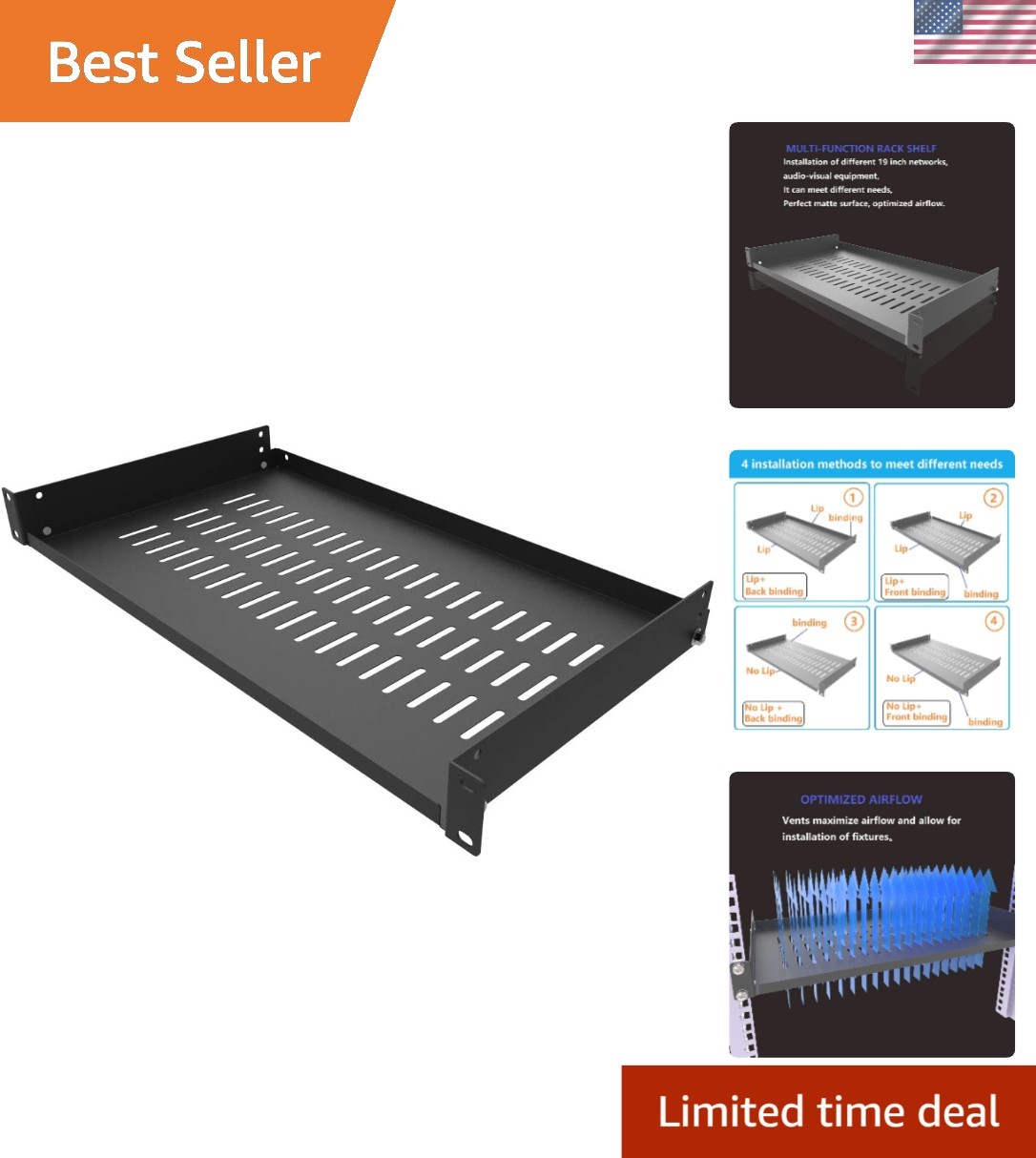 Vented 1U Server Rack Shelf, 10" Depth, Alloy Steel for Heavy Equipment