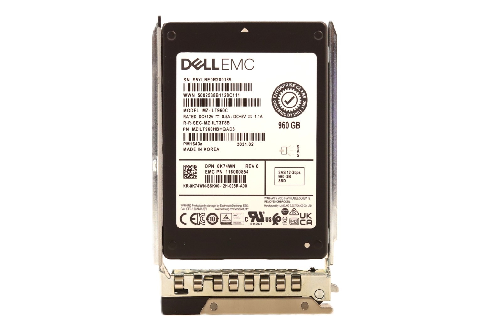 Dell MZ-ILT960C 960GB 2.5" 12Gb/s Read Intensive SAS SSD W/Caddy P/N: 0K74WN