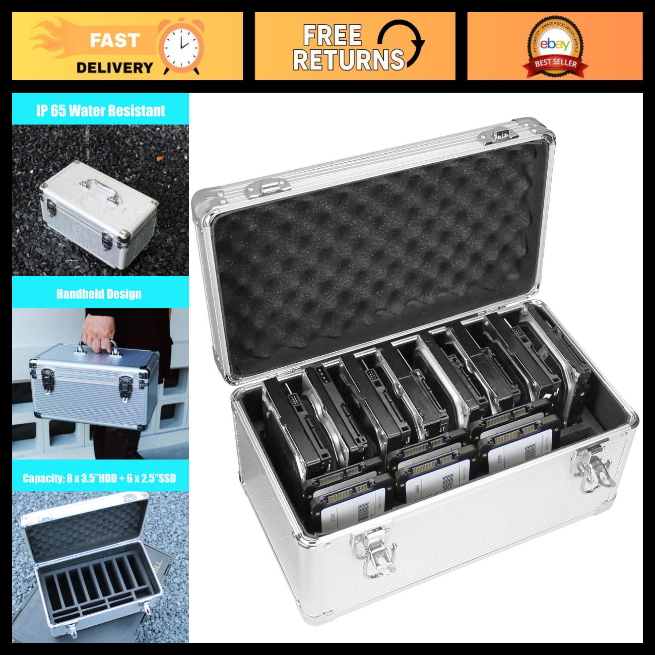 14-Slot Portable HDD Storage Box for 2.5/3.5 Inch Hard Drives, Water Resistant,