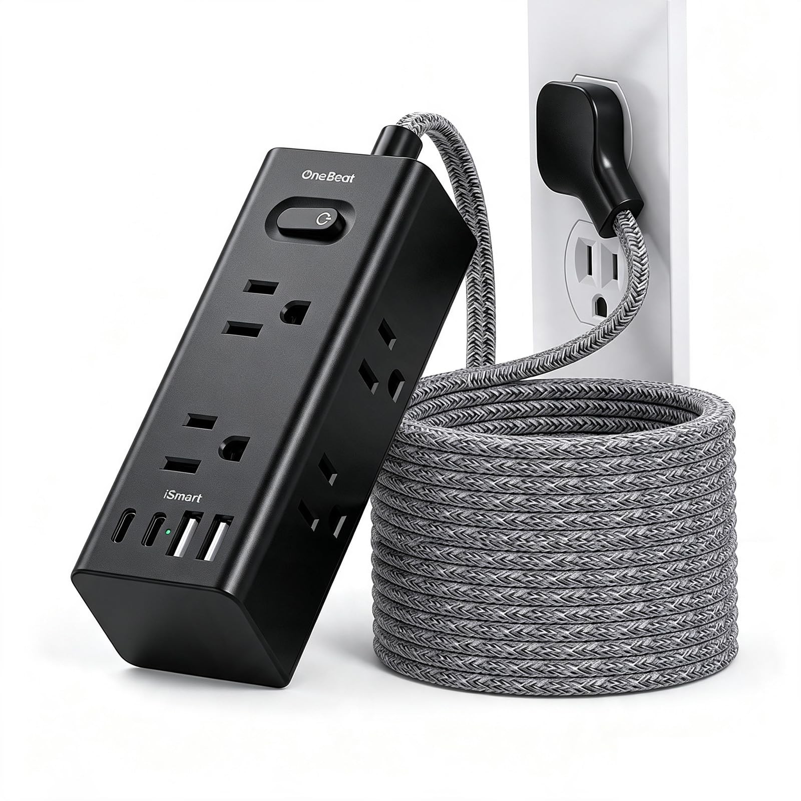 One Beat Extension Cord 15Ft, Flat Plug Surge Protector Power Strip, Black