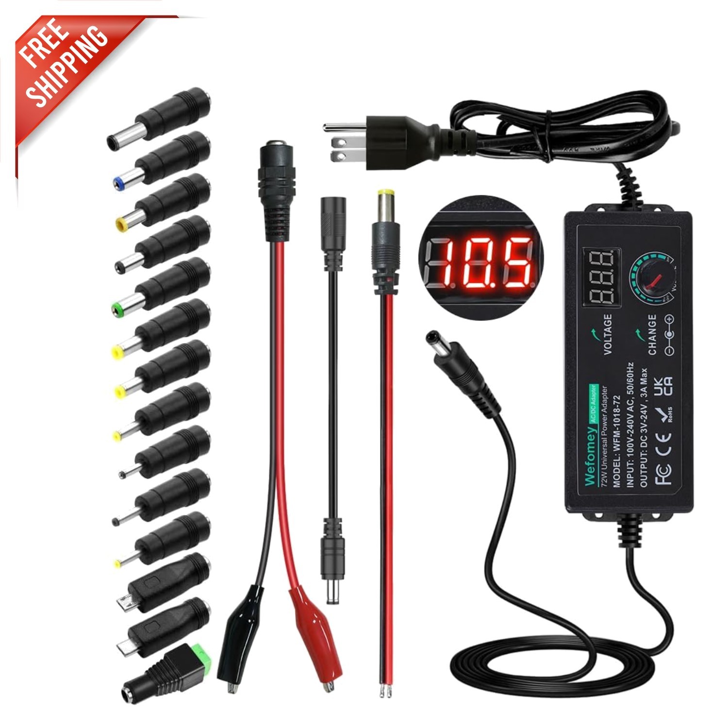 72W 3V~24V Universal Power Supply with Multiple Safety Features & 14 Tips
