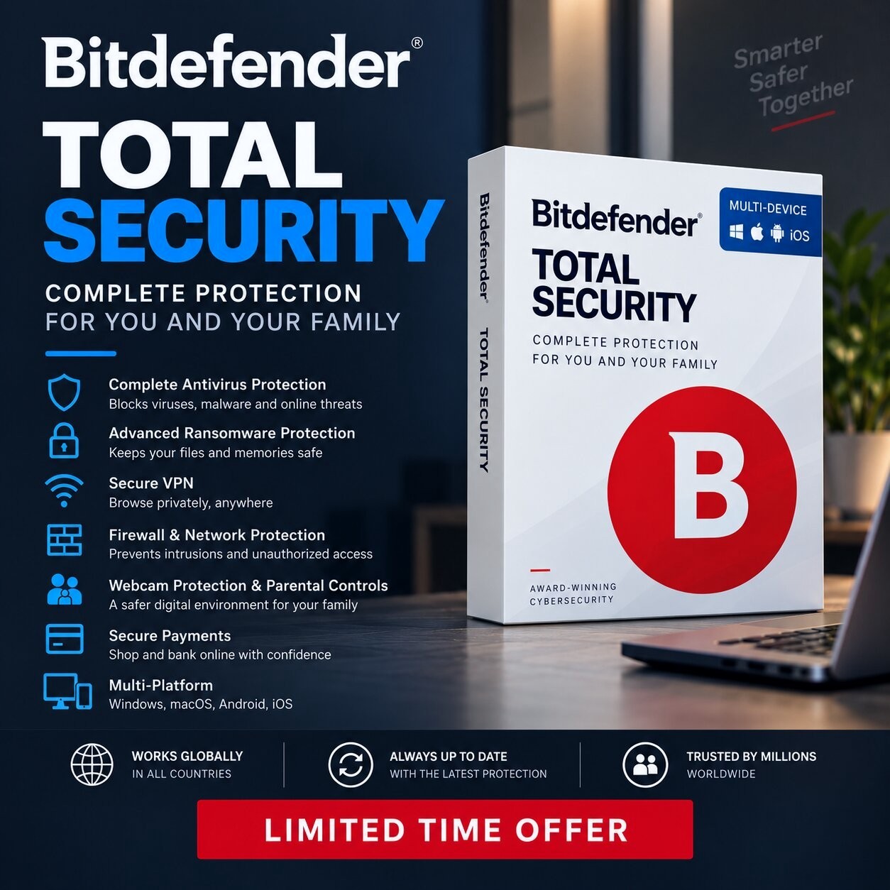 Bitdefender Total Security | 1 -6 Devices 1-3 Years | Win Mac Android