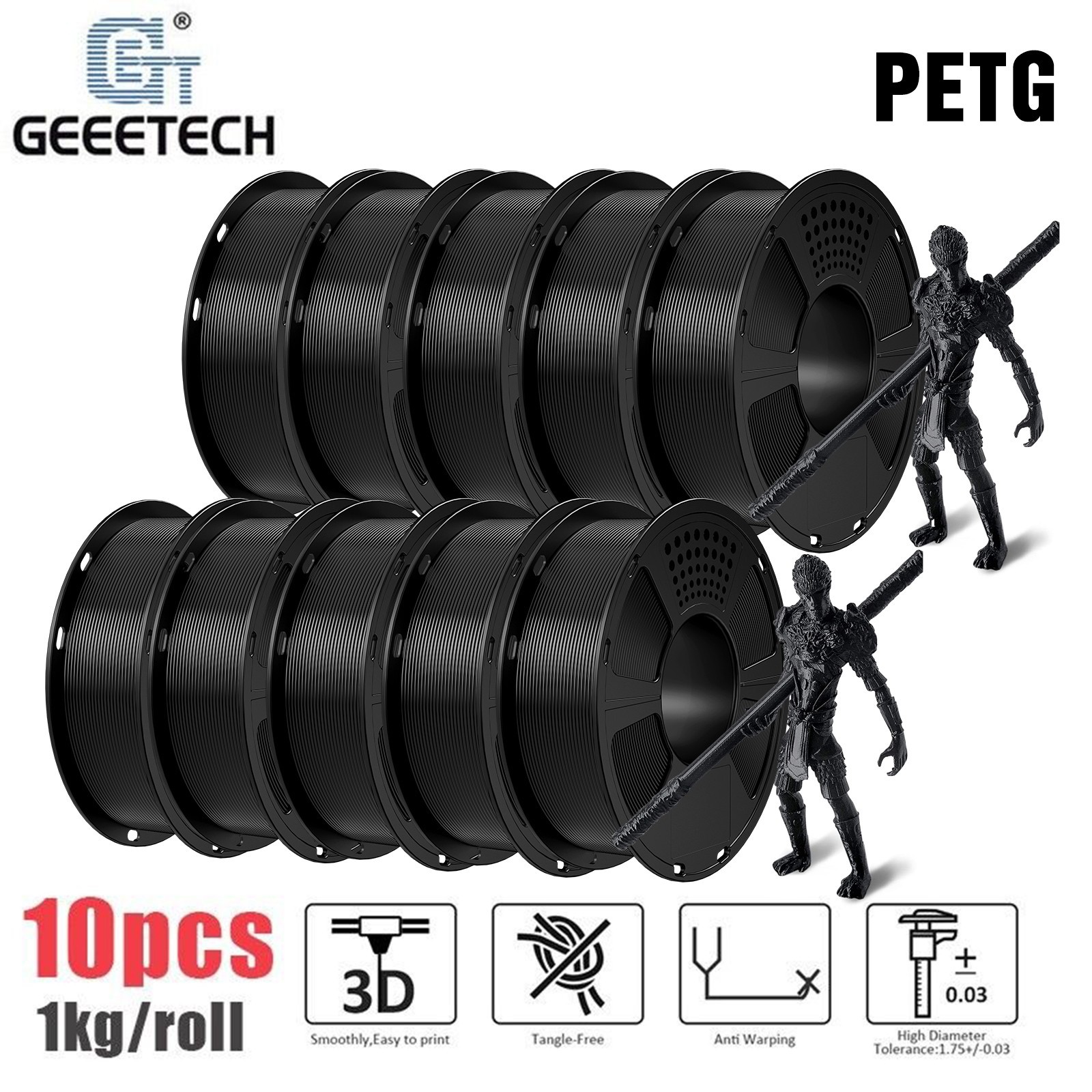 10KG GEEETECH PETG Filament Black 1.75mm 1KG/Spool 3D Printer Filaments