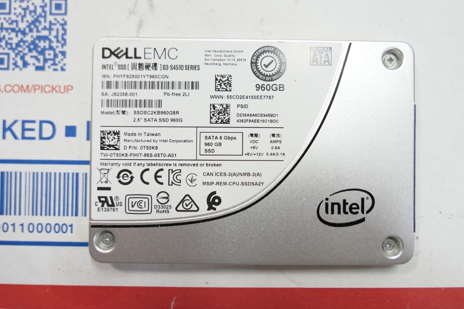 Dell EMC 0T50K8 Intel D3-S4510 960GB SATA 2.5" Enterprise SSD 100% HEALTH # 4