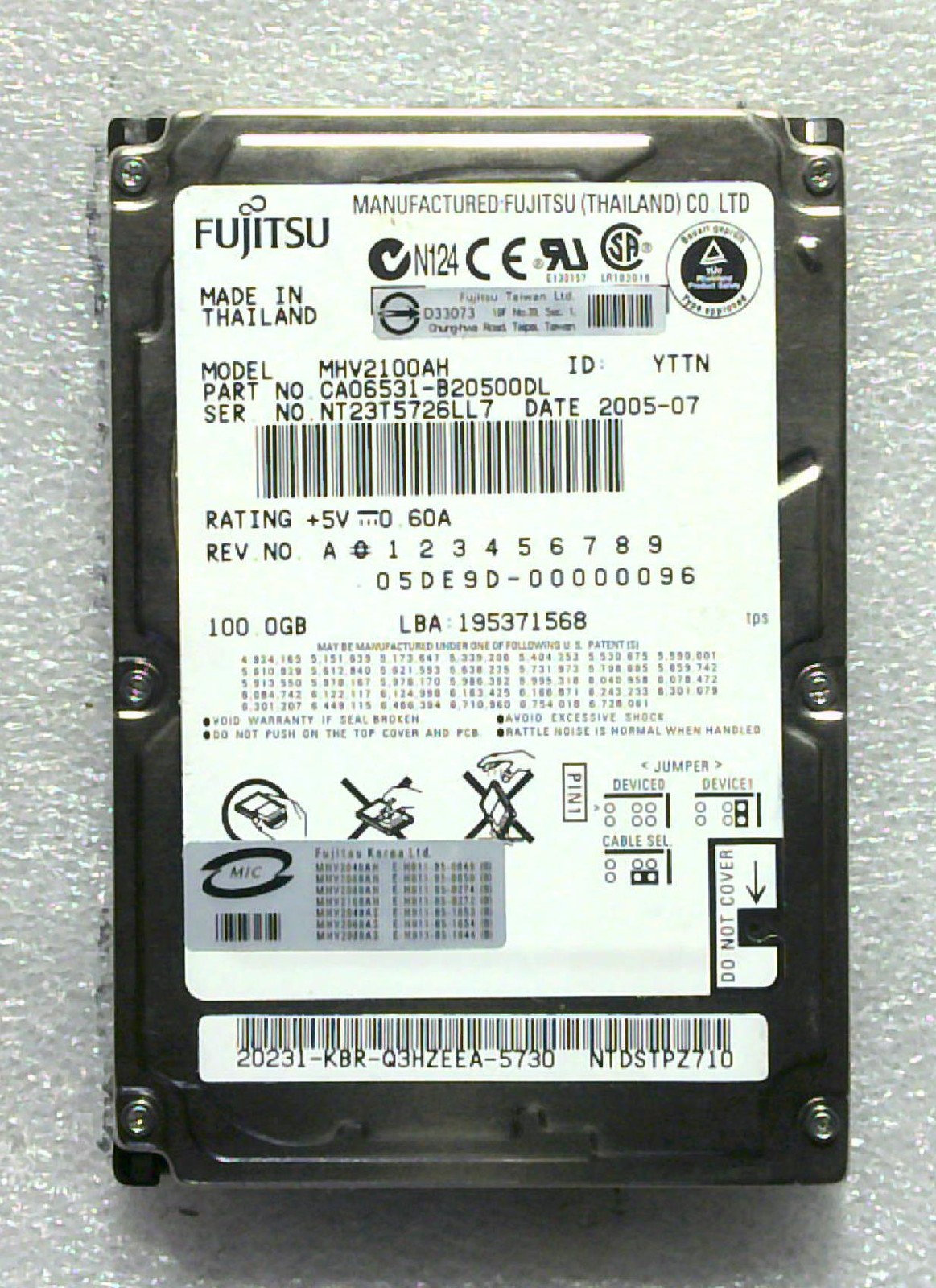 Fujitsu - MHV2100AH - 100GB - CA06531-B20500DL - SN: NT23T5726LL7