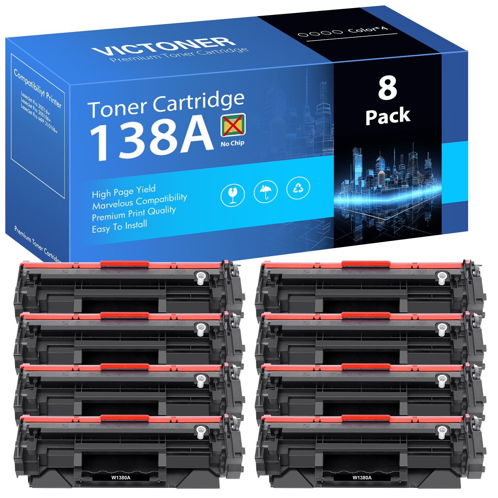 NO CHIP 8PK W1380A Toner Compatible With HP LaserJet Pro 3001dw 3001fdw 3101fdw