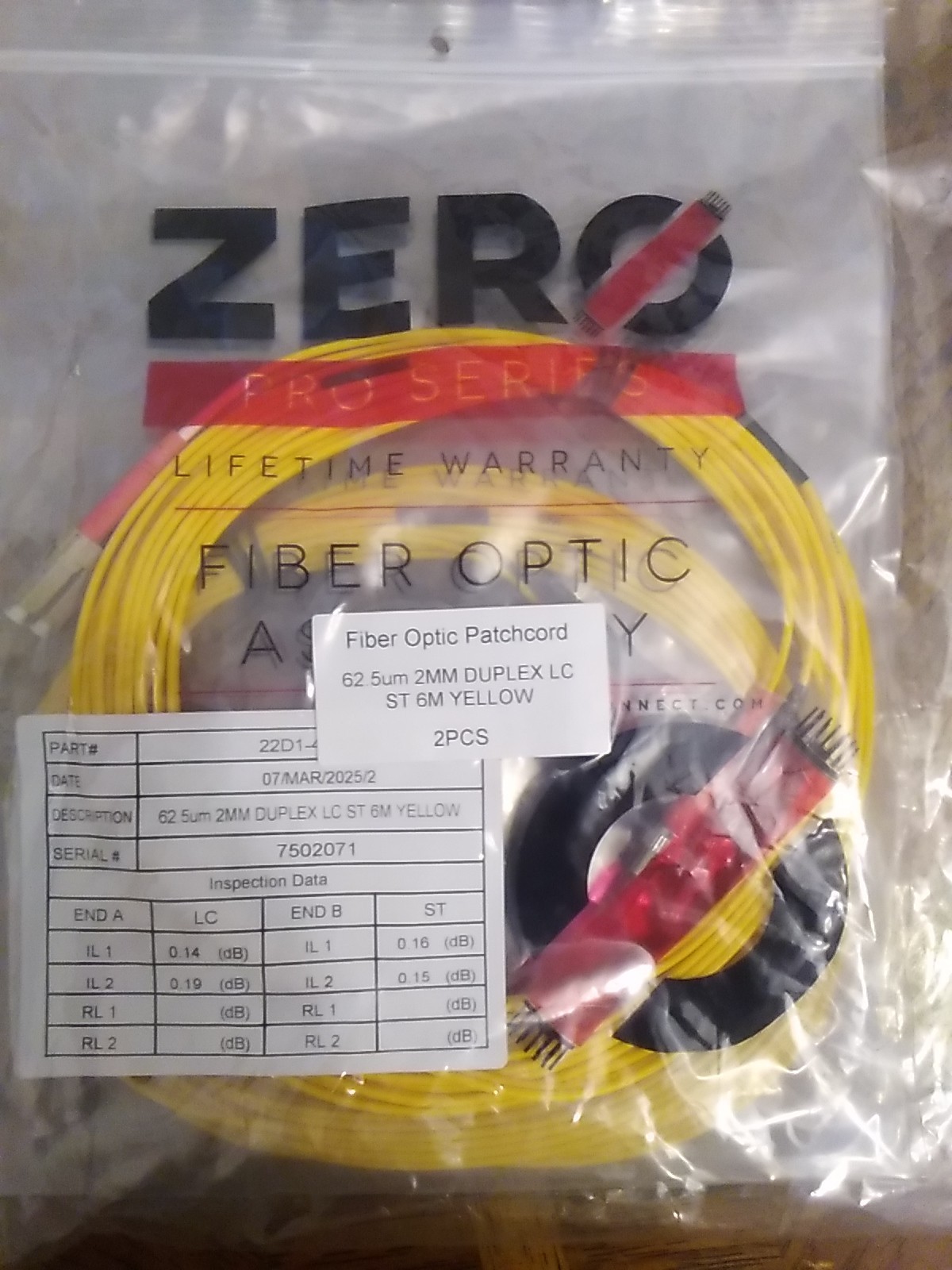 Zero Fiber Optic Patch Cord 62.5 Um To Millimeter Two Pieces