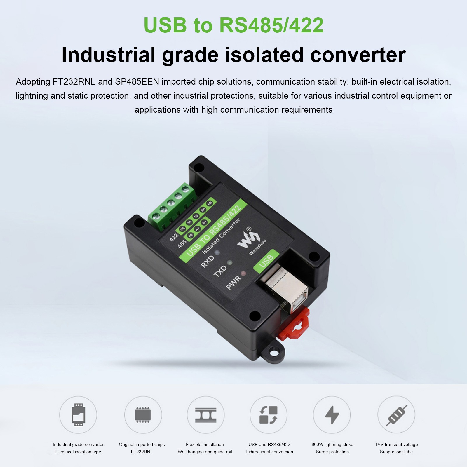 Industrial Grade Isolated Converter USB to RS485/RS422 Support Wall-Mounted Rail