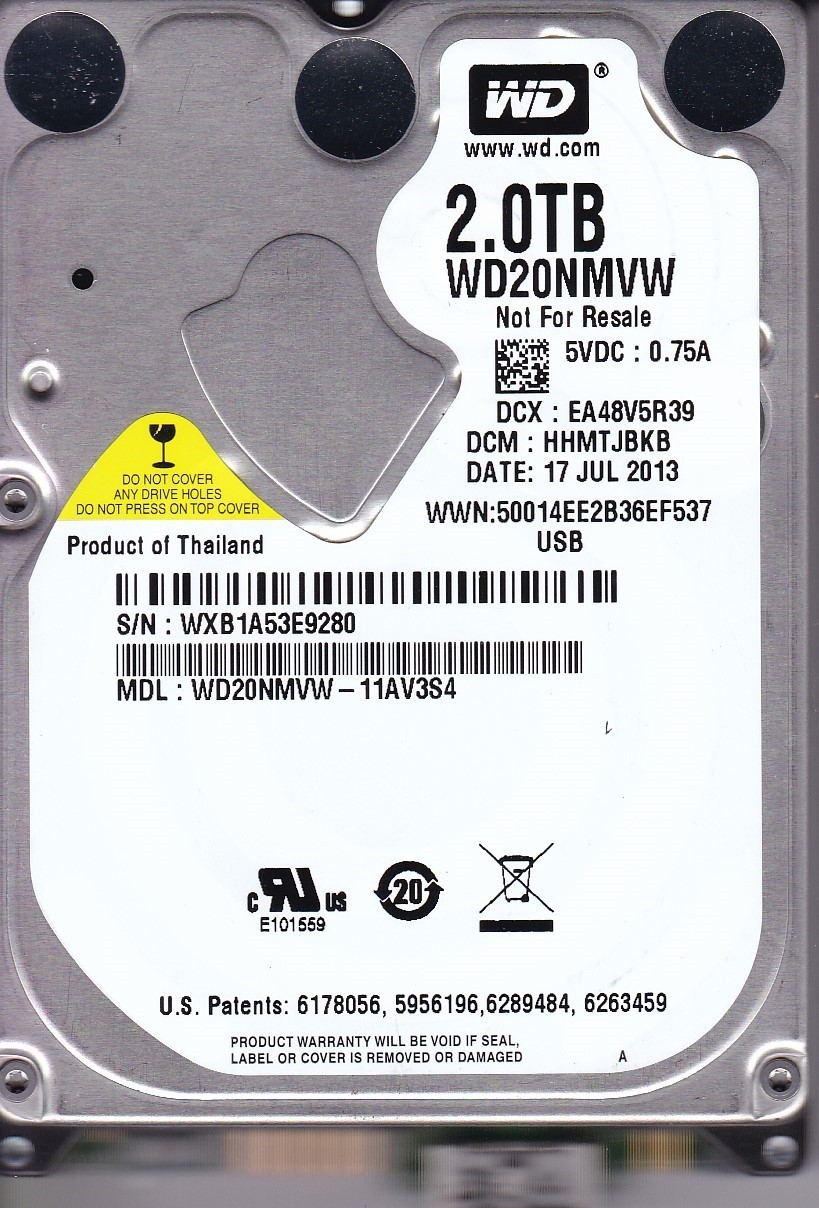 WD20NMVW-11AV3S4 dcm: HHMTJBKB s/n: WXB1A5 JUL 2013 2TB USB 3. WESTERN DIGITAL