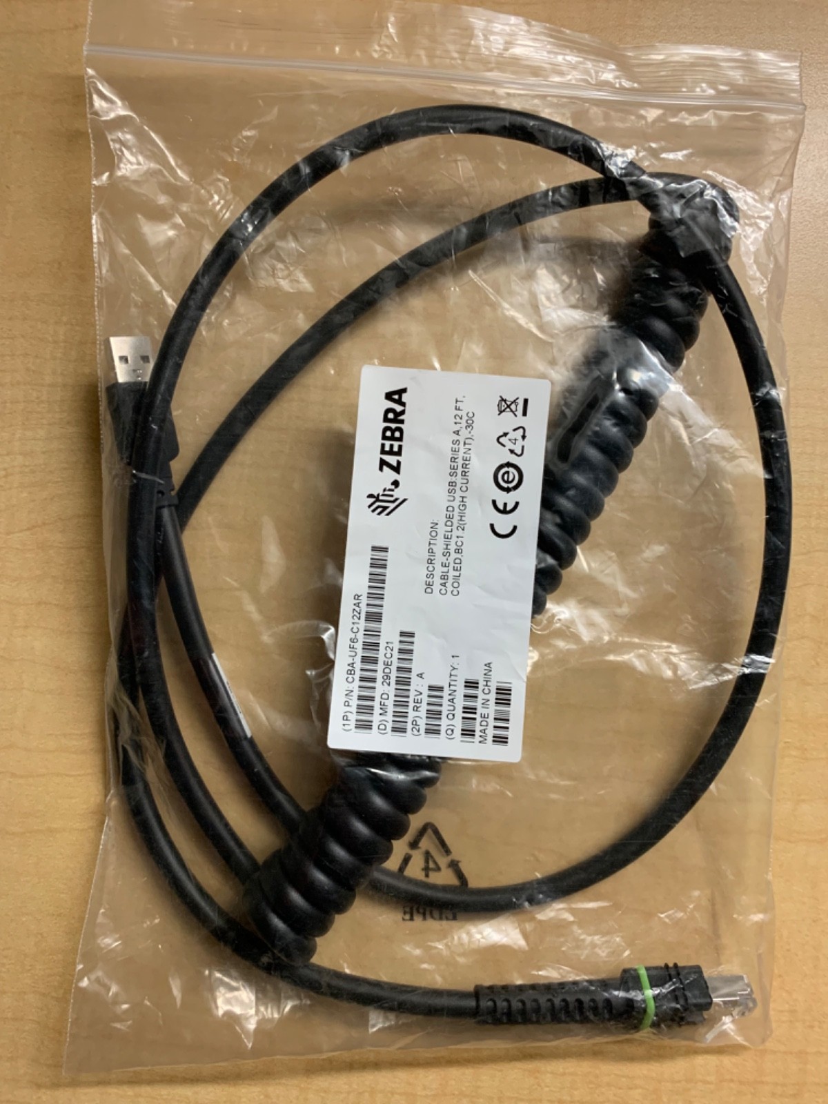 Brand New Genuine Zebra CBA-UF6-C12ZAR 12Ft USB Type A Shielded Coiled Cable