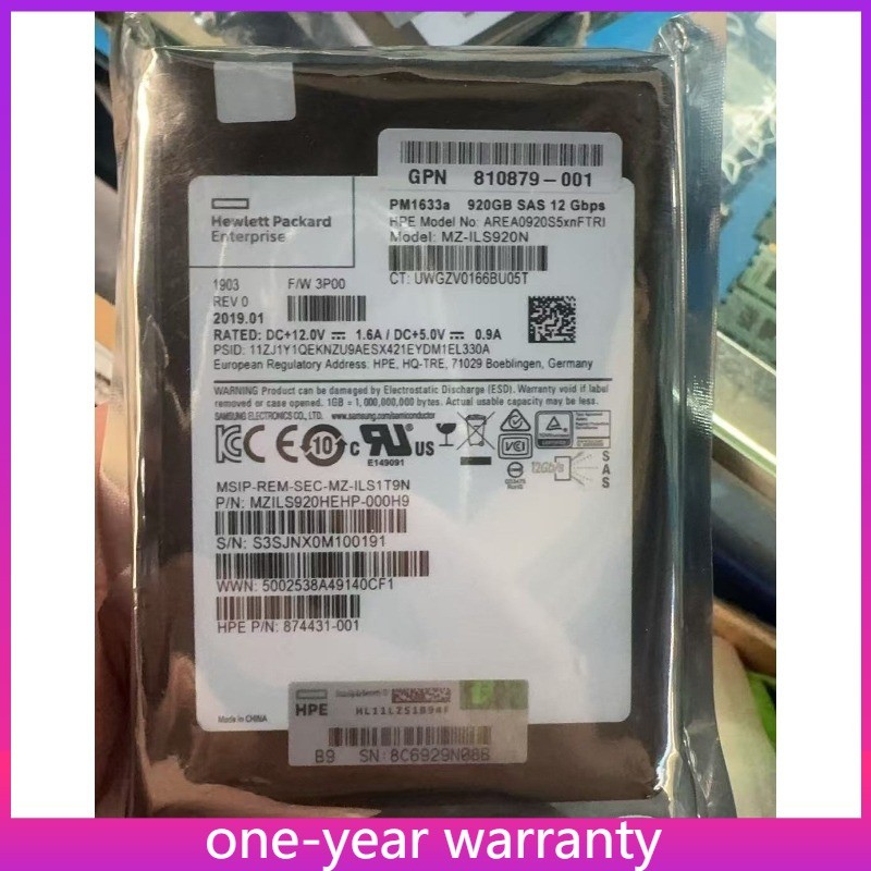  Samsung PM1633a, MZILS920HEHP-000H9 920GB HPE SSD 2.5" SAS 12Gbps 874431-001