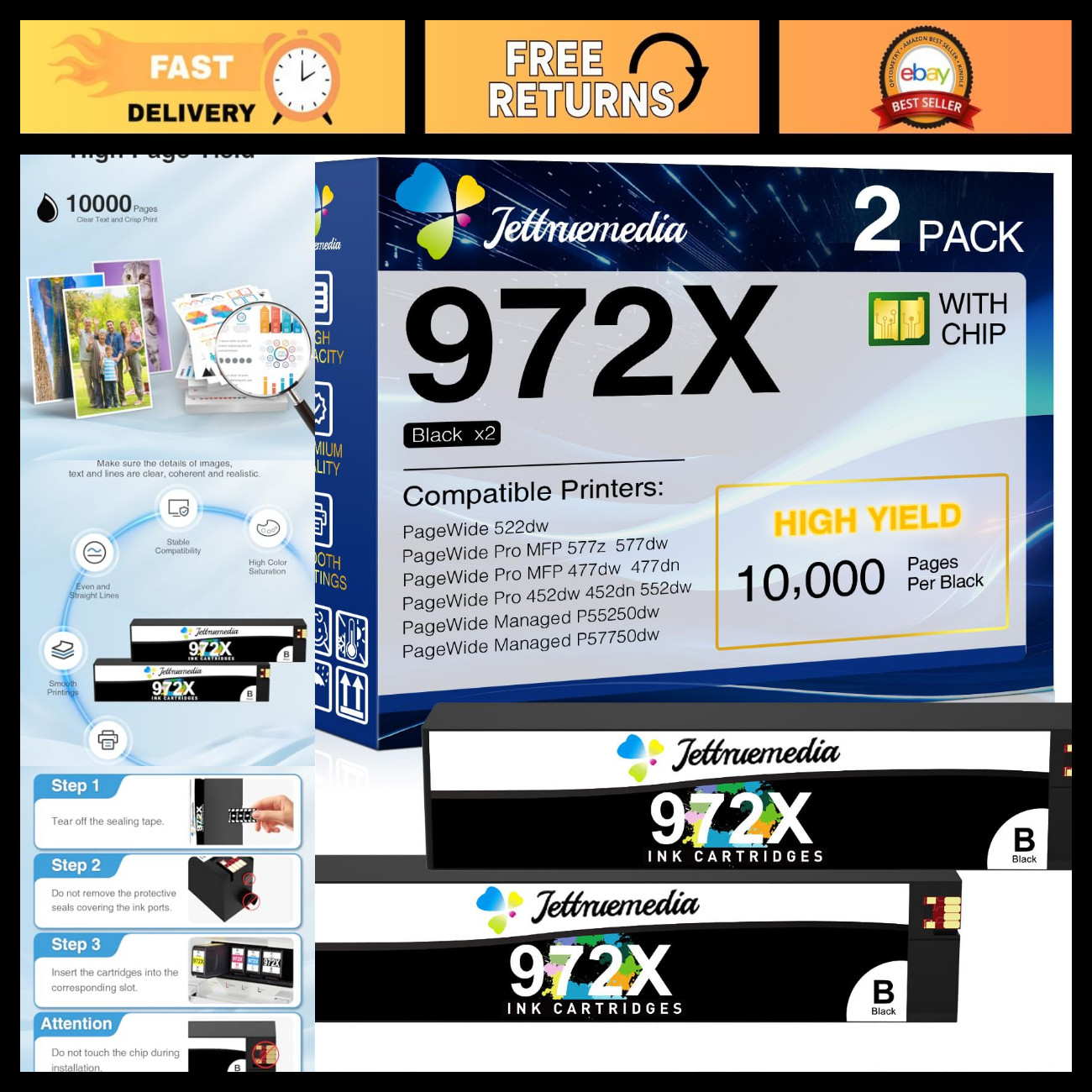 2-Pack Compatible Black Ink Cartridges for HP 972A PageWide Printers - High Yiel