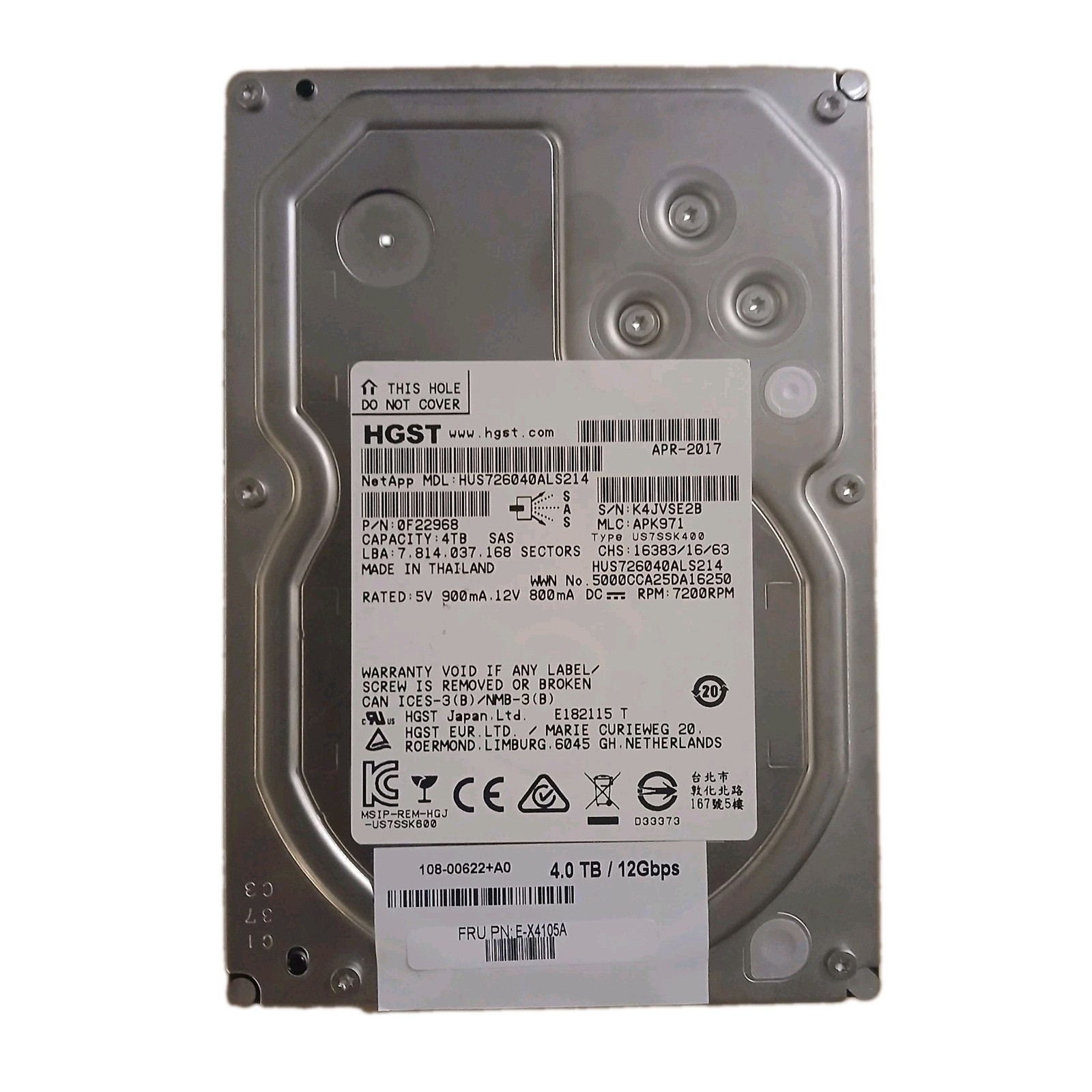 HGST 4TB SAS HUS726040ALS214 7.2k 3.5" Hard Drive 12 Gbps Netapp E-X4103A