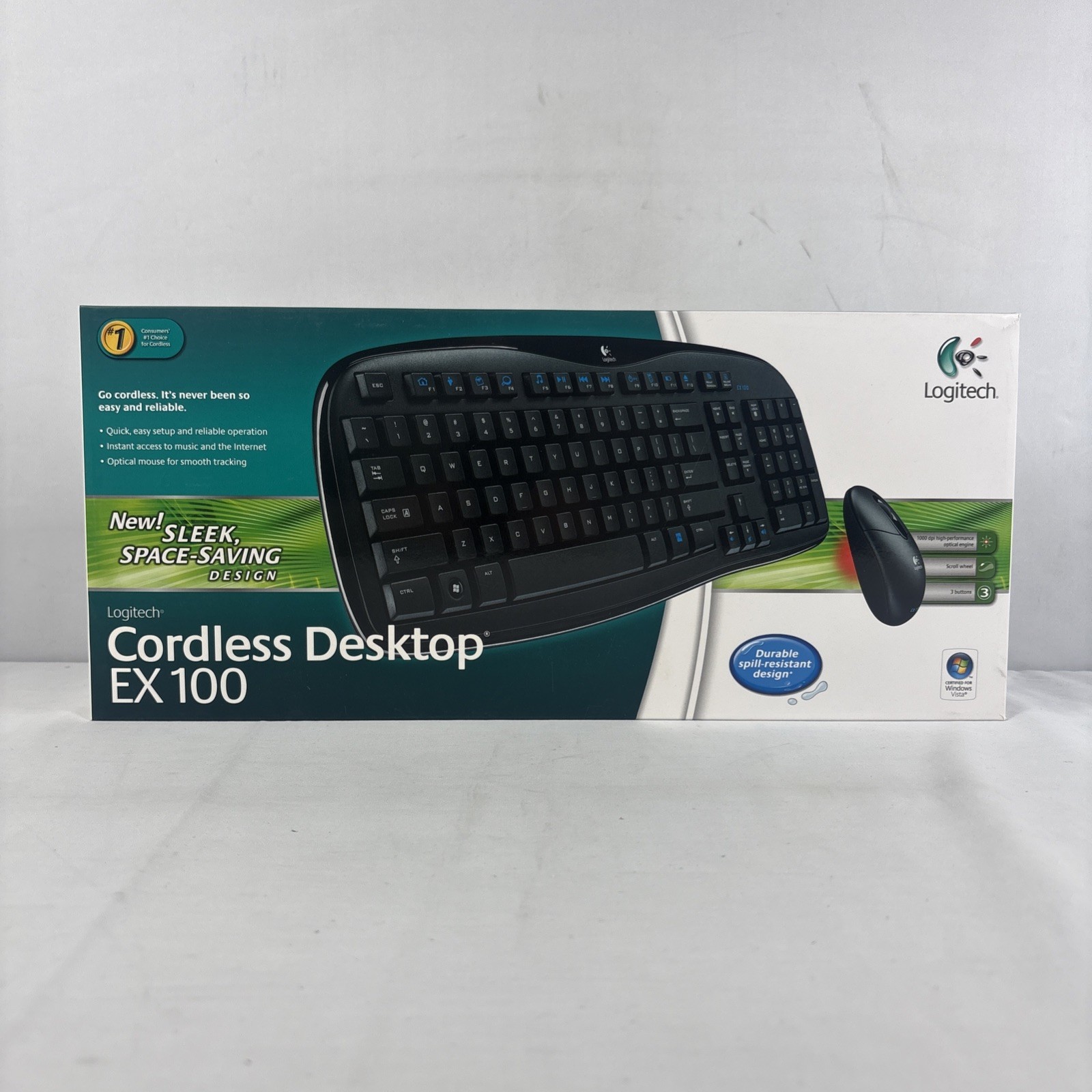 Logitech Cordless Desktop EX 100 Spill-Resistant Black Keyboard & Mouse Set New