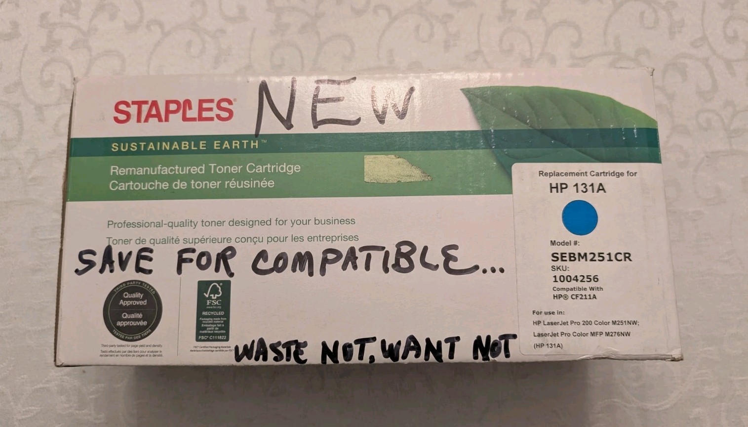 Staples HP Laser Jet - HP 131A Sustainable Earth SEBM251CR Toner Cartridge Cyan