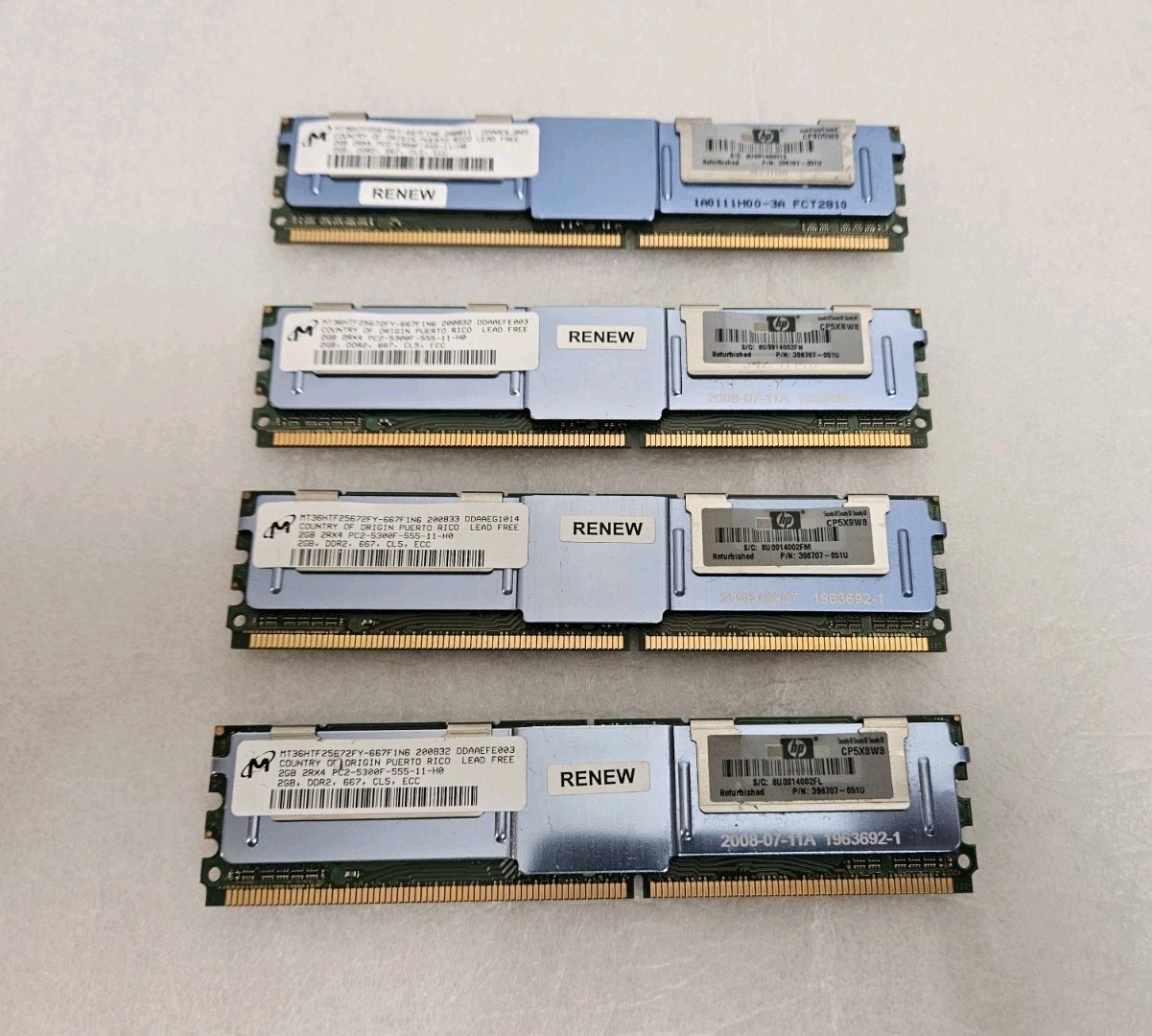 MICRON 2GB 2RX4 PC2-5300F-555-11-H0 MT36HTF25672FY-667F1NG HP 398707-051 QTY 4
