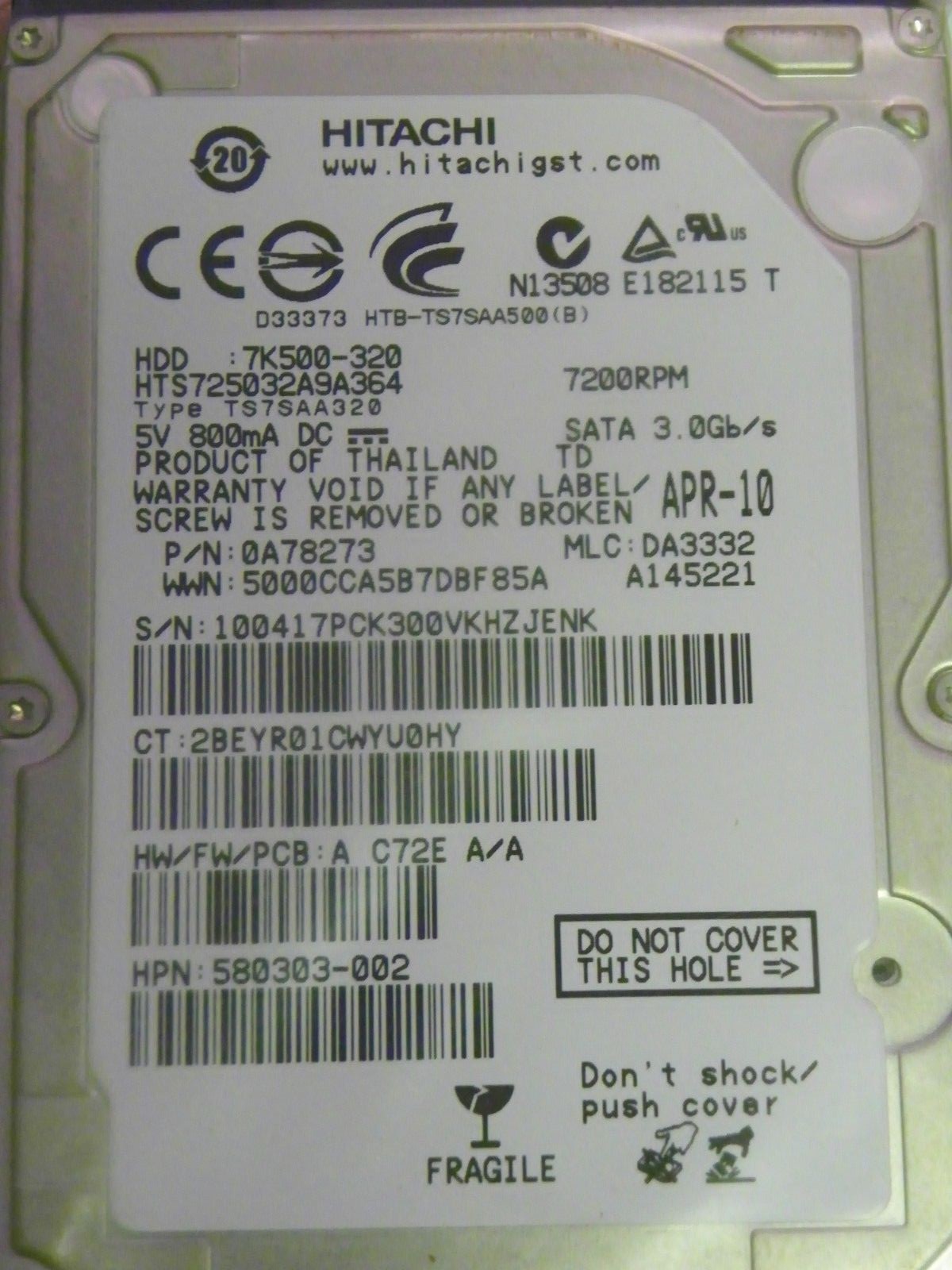 Hitachi HTS725032A9A364 P/N:0A78273 MLC:DA3332 FW:A C72E A/A 320GB 2.5" SATA HDD