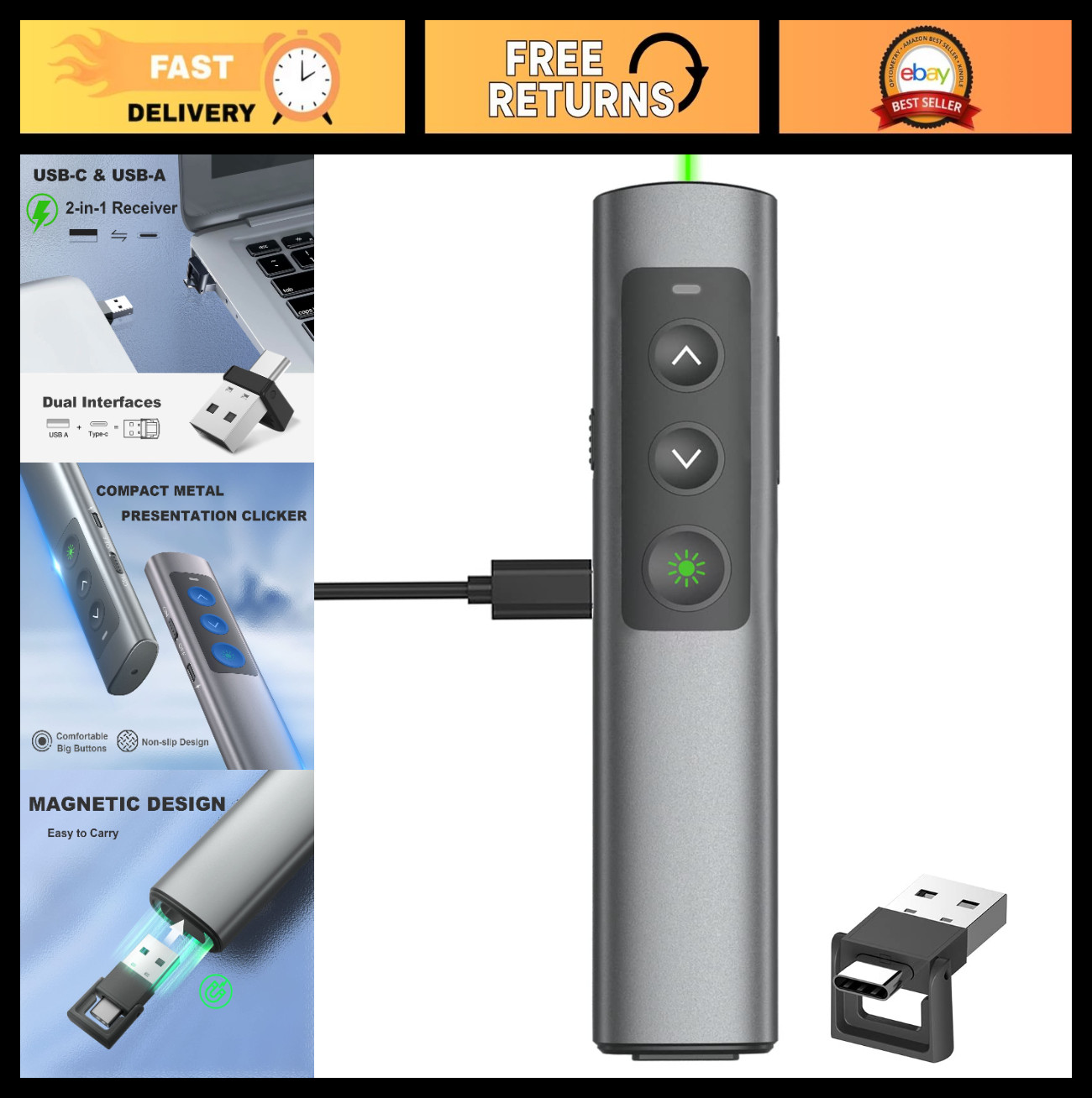 Wireless Presentation Clicker - 2-in-1 USB Type-C Dual Receiver, Metal Design, R