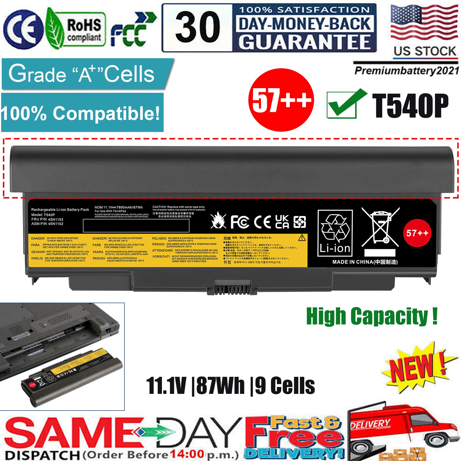 57++ 87Wh Battery for Lenovo ThinkPad T440P T540P W540 L440 45N1152 45N1153