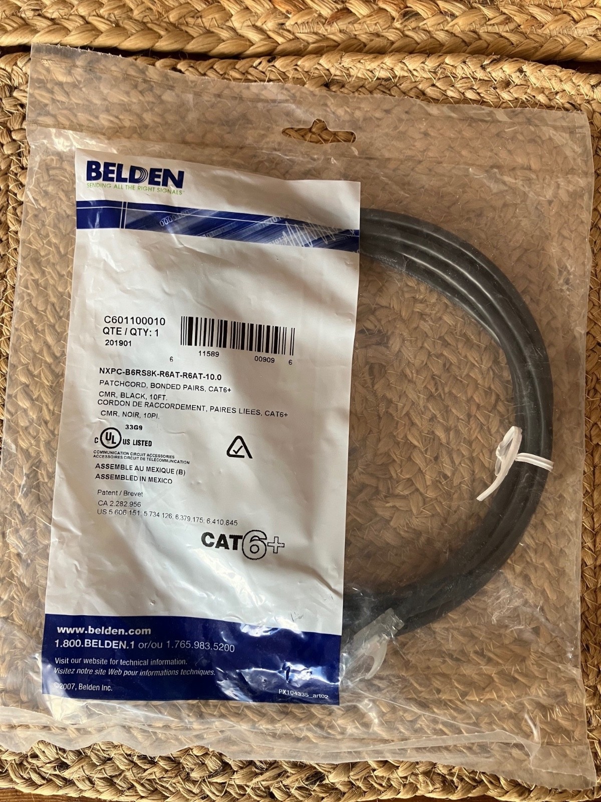 Belden C601100010 | CAT6+ Patch Cord, Bonded-Pair, 10 FT, Black