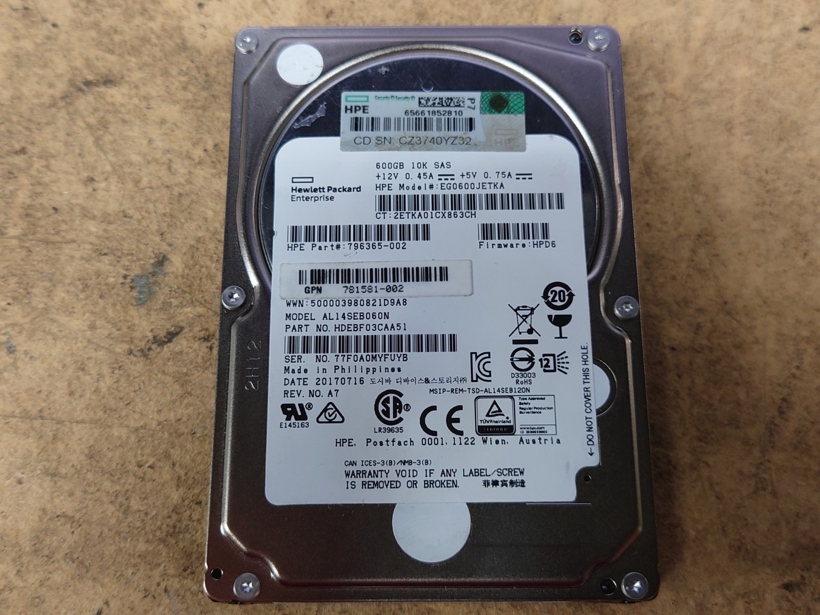 HP HPE 600GB 10K SAS SFF 2.5" HDD EG0600JETKA 796365-002