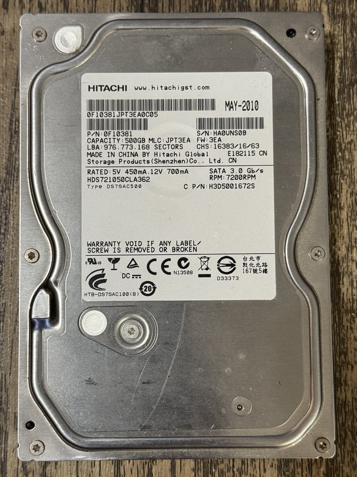 Hitachi Deskstar HDS721050CLA362 500GB 7200RPM SATA 3Gb/s 3.5” HDD Tested