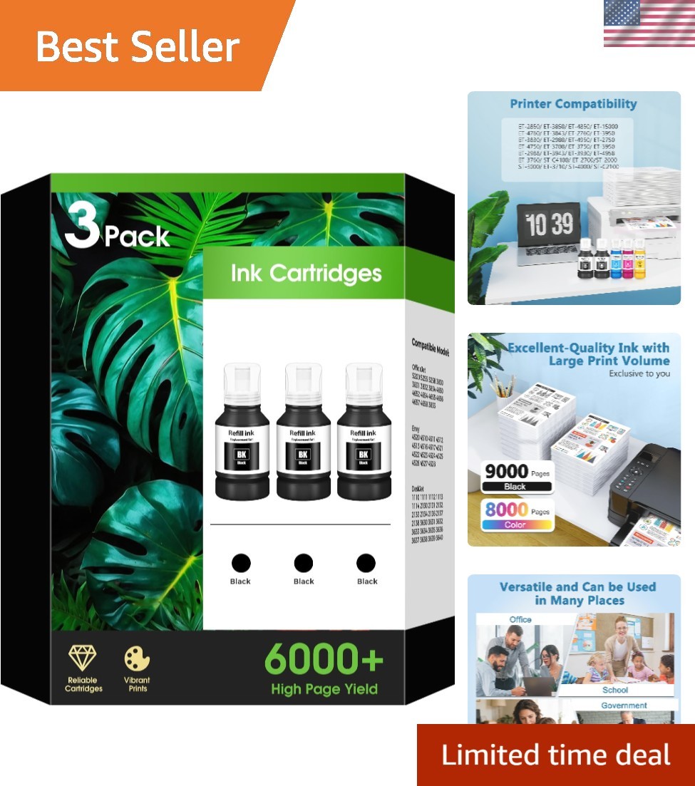 High Yield Black Ink Refill Bottles for ET Printers - 500ml, No-Mess Filling