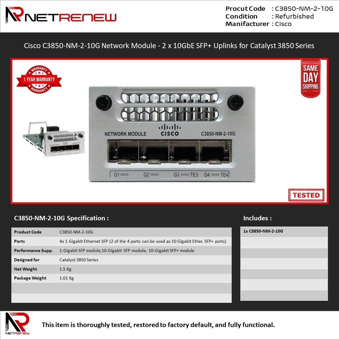 Cisco C3850-NM-2-10G Network Module - 2 x 10GbE SFP+ Uplinks for Catalyst 3850