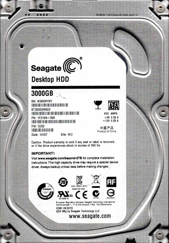 ST3000DM003 P/N: 1F216N-568 F/W: CC52 WU W30 09/2013 Seagate 3TB