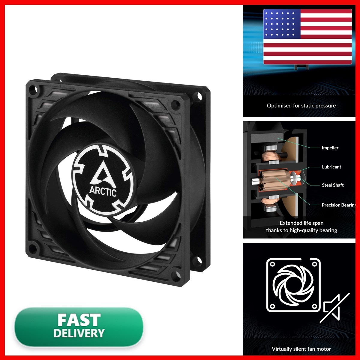 ARCTIC P8 Silent 80mm Case Fan Optimised for Static Pressure