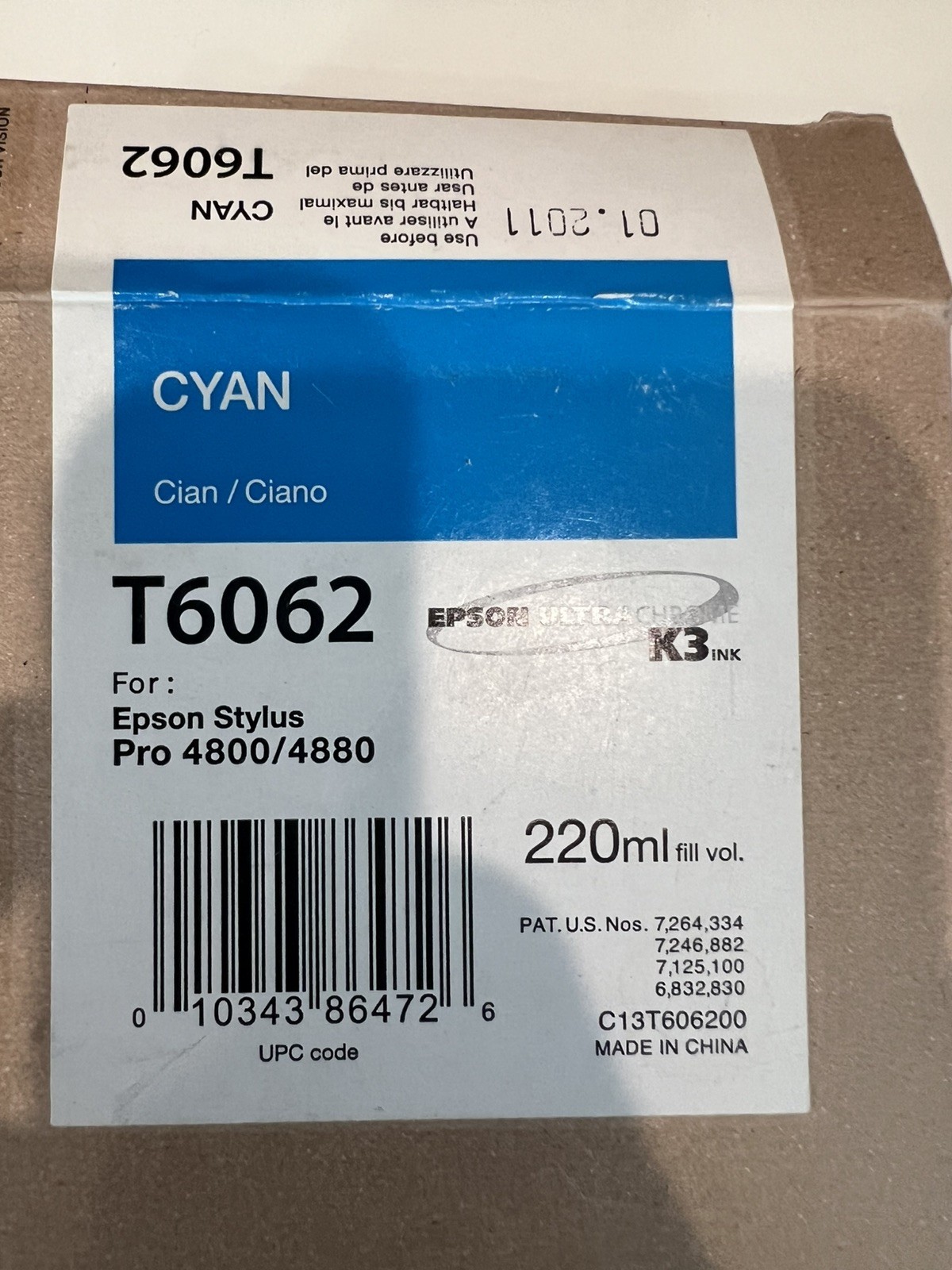 NEW IN BOX GENUINE EPSON T6062 CYAN 220ml K3 INK STYLUS PRO 4800